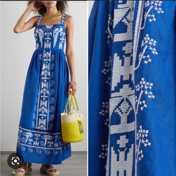 Farm Rio Navy Macaw Embroidered Maxi Dress Navy blue